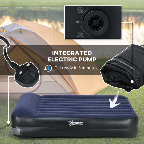 Outsunny King Size Bed with Built-in Electric Pump and Integrated Pillow, Inflatable Mattress with Carry Bag, Flocked Surface, Blow Up Airbed for Guest, Camping, Travel, 203 x 152 x 46cm