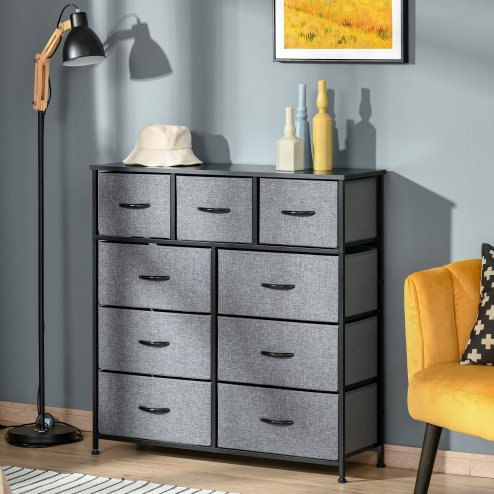HOMCOM 9 Drawers Storage Chest Dresser Organizer Unit w/ Steel Frame, Wood Top, Easy Pull Fabric Bins, for Bedroom, Hallway, Entryway, Black & Grey