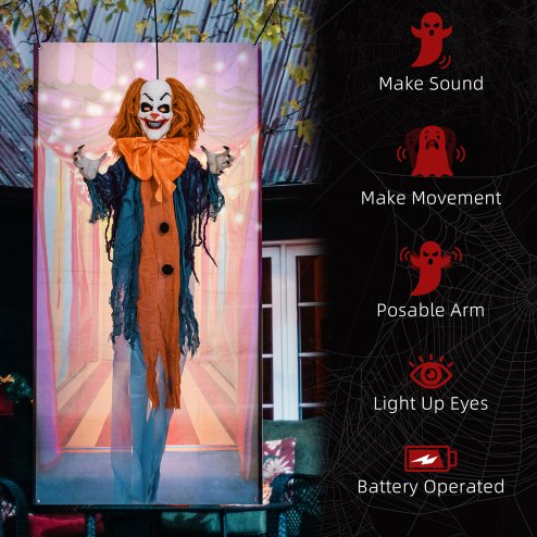 HOMCOM 168 cm Life Size Halloween Animated Standing Circus Clown with Red Light Up Eyes, Sound Activated Moving Arms & Body, Scary Clown Halloween Decorations, Battery Operated, Indoor Party Props