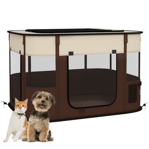 PawHut Dog Pen, Pet Playpen, Portable Foldable Dog Cat Playpen Soft Pet Cage with Storage Bag for Puppies, Rabbits, Kittens, Guinea Pigs, 94 x 74 x 60cm - Brown