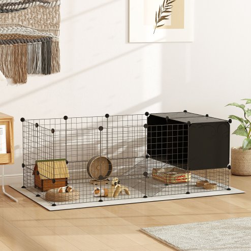 PawHut Rabbit Run, Pet Playpen, Small Animal Cage Enclosure, C&C Cage with Elevated Huts, 31 Panels, for Guinea Pigs, Hedgehogs, for Indoor Use