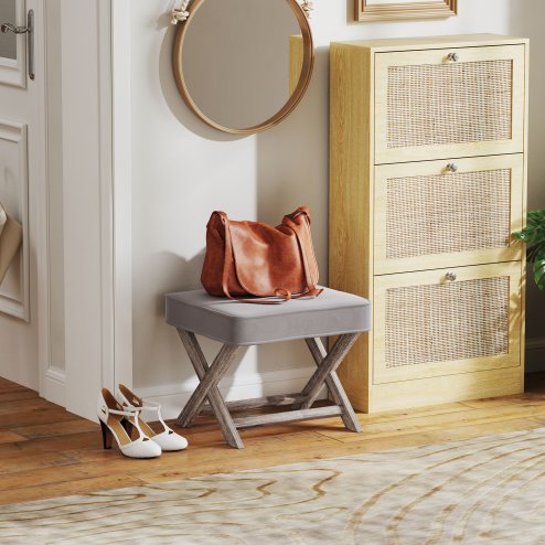 HOMCOM Vintage Footstool Padded Seat X Leg Chair Velvet Cover Shabby Chic Footrest Solid Rubber Wood Frame 49.5 x 45 x 41 cm Grey