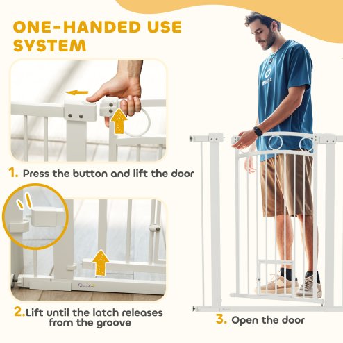 PawHut Dog Stair Gate 106cm Extra Tall Height, 76-104cm Adjustable Width Pressure Fit Safety Gate With Cat Door, 7cm and 14cm Extensions for Stairs, Doorways, Easy Installation, White