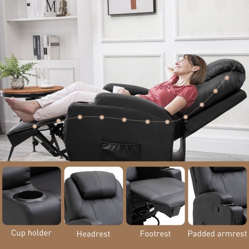 HOMCOM Recliner Chair, Recliner Massage Rocker Chair with 360° Rotate, 165° Reclining Function, Adjustable Footrest, Swivel Armchair Single Sofa for Living Room with Drink Holders, Side Pockets, Black