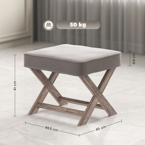 HOMCOM Vintage Footstool Padded Seat X Leg Chair Velvet Cover Shabby Chic Footrest Solid Rubber Wood Frame 49.5 x 45 x 41 cm Grey