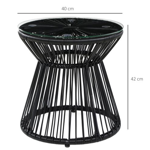 Outsunny Outdoor Coffee Table, Round PE Rattan Side Table with Tempered Glass Table Top, Hollow Drum Design for Garden, Balcony, Patio, Black