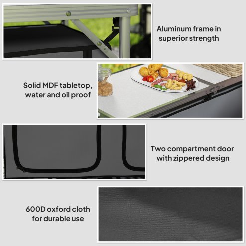 Outsunny 4ft Folding Camping Cupboard Kitchen, Height Adjustable Aluminium Camping Table with Storage, Lightweight Picnic Table for Outdoor Garden BBQ Party