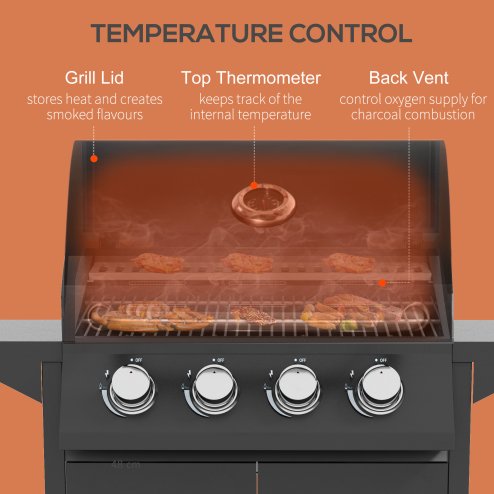 Outsunny 4 Burner Gas BBQ, Outdoor Grill, Portable Barbecue Trolley with Warming Rack, Side Shelves, Storage Cabinet, Thermometer, Carbon Steel, Black