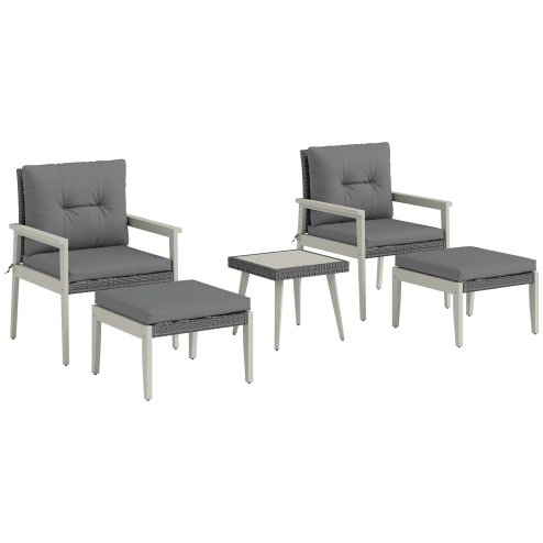 Outsunny 5 Pieces Rattan Garden Furniture Set, Patio Conversation Set with Cushions, Acacia Wood Top Coffee Table and Footstools, Outdoor Table and Chairs for Balcony, Terrace and Conservatory, Grey
