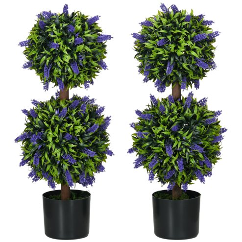 HOMCOM Set of 2 Decorative Artificial Plants Ball Trees with Lavender Flowers in Pot Fake Plants for Home Indoor Outdoor Decor, 70cm, Green