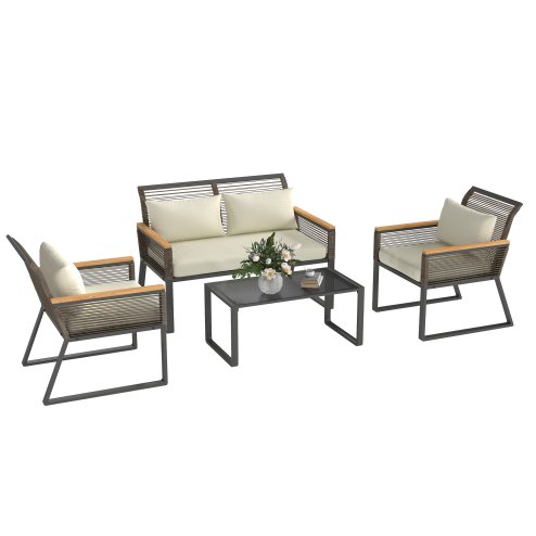 Outsunny 4 Piece Rattan Garden Furniture, 4 Seater Rattan Sofa Set, Round Wicker Rope Patio Conversation Set with 2 Armchairs, Loveseat, Glass Top Coffee Table and Cushions for Outdoor, Balcony, Grey