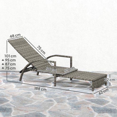 Outsunny PE Rattan Sun Lounger, Garden Lounger with 4-Level Adjustable Backrest, Outdoor Sunbed with Retractable Footrest for Balcony, Beach, Patio, Mixed-grey