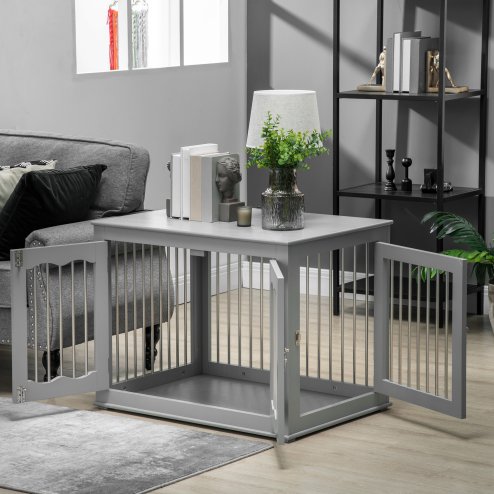 PawHut Dog Crate End Table with Three Doors, Furniture Style Dog Crate with Interchanged Side Door, for Medium Dogs, Indoor Use w/ Locks and Latches - Grey