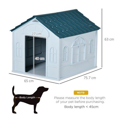 PawHut Plastic Dog House Outdoor Indoor, Weather-Resistant Dog Kennel, with Large Opening, for Medium Dogs, 65 x 75.7 x 63cm - White and Blue