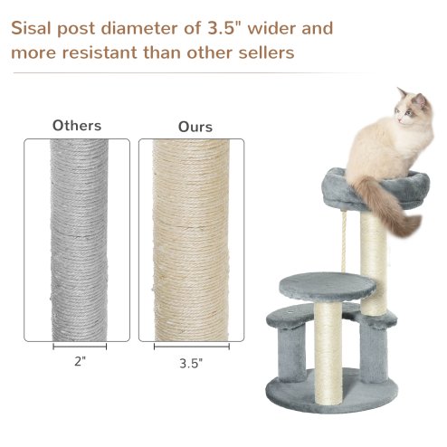 PawHut 65cm Cat Tree, Cat Tower for Kittens, Small Cat Condo with Sisal Scratching Posts, Hanging Rope, Perches - Grey