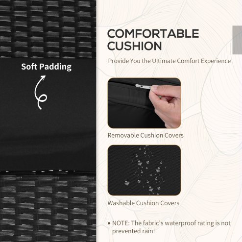 Outsunny 3 Pieces Rattan Bistro Set, Wicker Garden Furniture Set with Glass Top Coffee Table and Chairs, Washable Cushions, for Outdoor, Patio, Balcony, Black