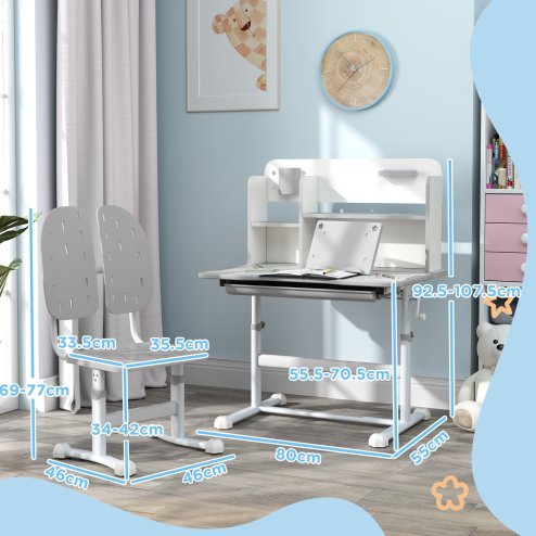 AIYAPLAY Kids Desk and Chair Set, Height Adjustable Children School Study Desk, Student Writing Desk with Tiltable Desktop Drawer, Pen Slot, Reading Rack for Ages 3-13 Years, Grey