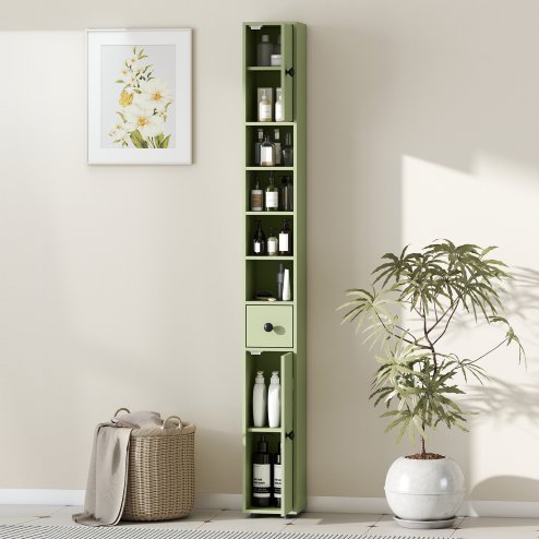 kleankin 180cm Tall Bathroom Cabinet, Slim Bathroom Storage Cabinet with 4 Open Shelves, 2 Door Cupboards and Adjustable Shelves, Green