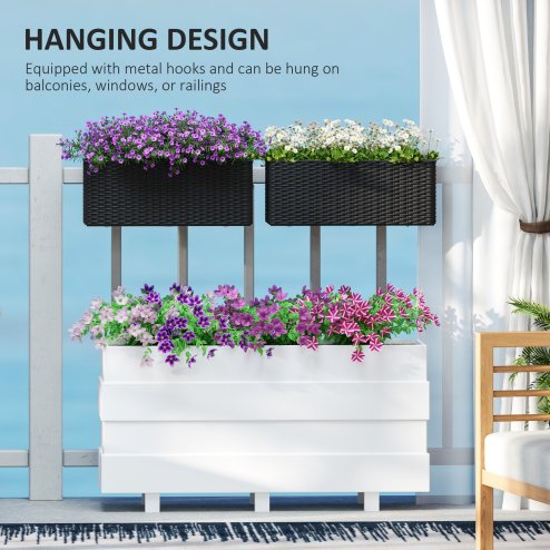 Outsunny Set of 2 Hanging Flower Boxes, 50 cm Long, Rattan Look Flower Pot with Drainage Holes and Hooks, Railing Box for Fence Balcony Garden