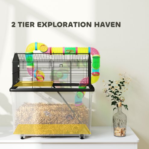 PawHut Hamster Cage, 2 Tier Gerbil Cage with 31cm Deep Tray, Tube System, Water Bottle, Ramp, Feeding Bowl, 58 x 43 x 57cm, Multicoloured