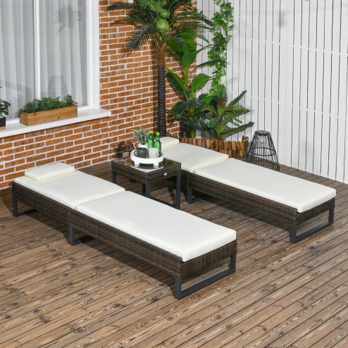 Outsunny 3-piece PE Rattan Sun Lounger Set with Adjustable 5-Position Recliner, Patio Chaise Lounge Chair Set with Cushions, Headrests, Glass Top Square Coffee Table, Brown