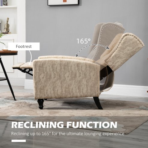 HOMCOM Manual Reclining Armchair with Footrest, Marble Effect Vintage Recliner Chair with Nail Head Trim, Button Tufted Wing Back and Wood Legs, Beige