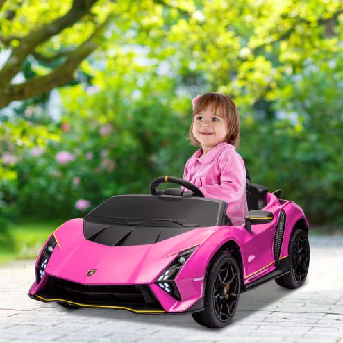 AIYAPLAY 12V Lamborghini Autentica Licensed Kids Electric Car with Butterfly Doors, Ride on Car with Remote Control, 4 Suspension Wheels, Soft Start, LED Lights, Music, Horn, Pink