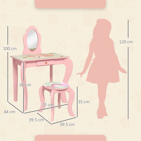 ZONEKIZ Kids Dressing Table, Girls Vanity Table Cute Animal Design with Mirror, Stool, Desk, Drawer for Kids Room, Bedroom, Nursery, 3-6 Years Old, Pink