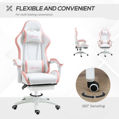 Vinsetto Computer Gaming Chair, PU Leather Office Desk Chair with Footrest, Swivel Wheels, 135?? Reclining Back, Lumbar Support, Headrest for Home, White and Pink