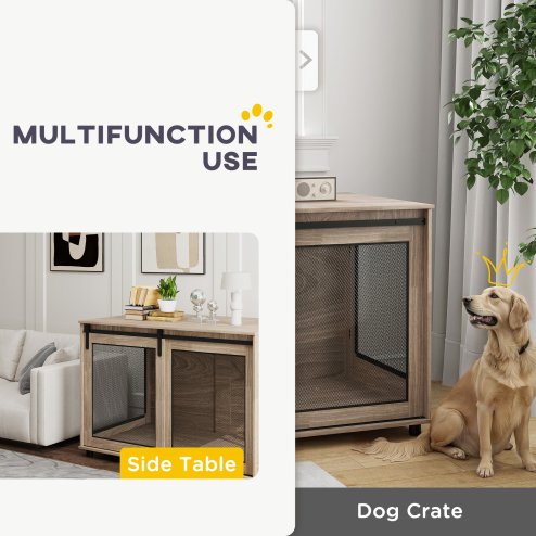 PawHut Dog Crate Furniture, Dog Cage End Table with Sliding Door, Pet Kennel for Extra Large Breeds, 118 x 75.5 x 82cm, Walnut Brown