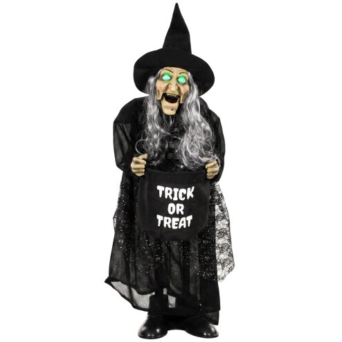 HOMCOM 94cm Animated Witch Halloween Decorations Outdoor Indoor, Scary Halloween Animatronics Decor with Sound Touch Activated, Candy Bag Prop with Light Up Eyes for House Garden Party