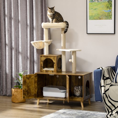 PawHut Cat Tree with Litter Box Enclosure, 2-in-1 Cat Tower for Indoor Cats with Cat House, Scratching Post, Hammock, Cushion, Rustic Brown