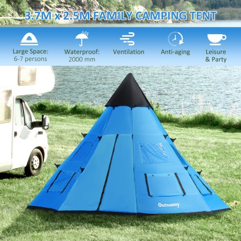 Outsunny 6 Men Tipi Tent, Camping Tent with Mesh Windows, Sewn-in Floor, Two Doors and Carry Bag, Easy Set Up, for Hiking Picnics Outdoor Night, Blue