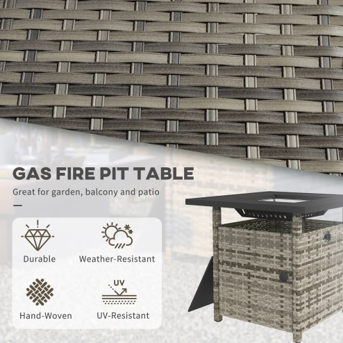 Outsunny Outdoor Rattan Gas Fire Pit Table, 50,000 BTU Square Garden Table with Fire Pit, Rain Cover, Wind Guard, Pulse-Ignition and Volcanic Rock, 72.5 x 72.5 x 67.5 cm, Grey