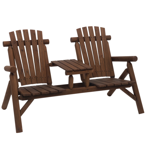 Outsunny Wood Patio Chair Bench 2 Seats with Centre Coffee Table, Garden Bench for Lounging and Relaxing Outdoors, Carbonized