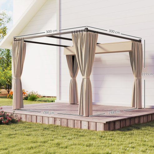 Outsunny 3 x 3(m) Pergola with Retractable Roof Canopy and Curtains, Metal Frame Garden Gazebo Outdoor Sun Shade Shelter for Grill, Patio, Deck, Khaki