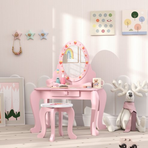 AIYAPLAY Kids Dressing Table Set, Two-Piece Children Vanity Table with Stool, Mirror, Drawer, Desktop Storage, Strawberry-Theme Makeup Desk, Chair, Pink