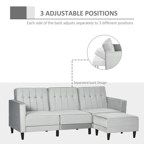 HOMCOM Corner Sofa Bed Reversible 3-Seater Sectional Sofa Set Velvet-Touch Sleeper Futon with Footstool, Light Grey