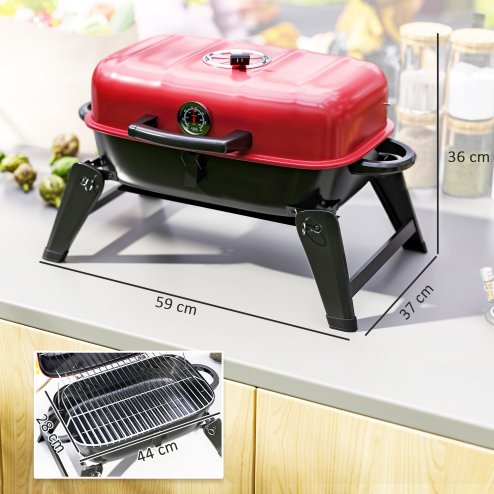 Outsunny Charcoal Barbecue Grill Folding BBQ Grill with 1232 cm? Cooking Area, Adjustable Vent, Thermometer, Handles for Camping Picnic, Red