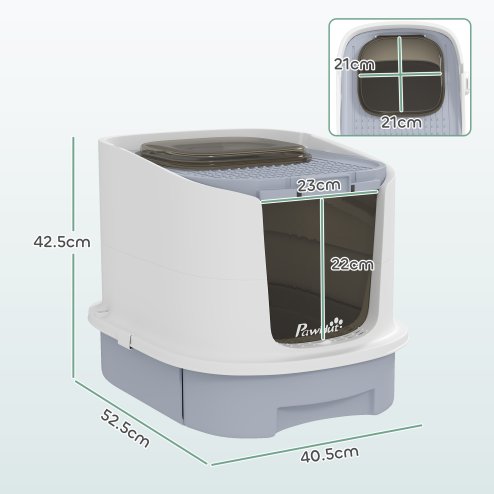 PawHut Cat Litter Box with Lid, Hooded Cat Litter Tray with Scoop, Deodorisation Bags, Top Entry, Cat Toilet with Drawer Pan, Grey