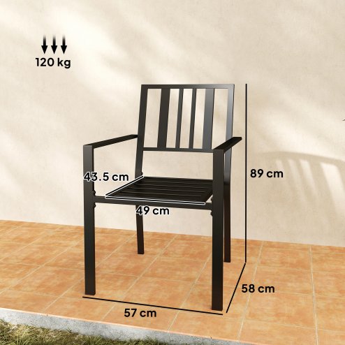 Outsunny Set of 2 Garden Chairs, Stackable Outdoor Chairs with Metal Slatted Seat & Backrest, for Yard, Garden, Black