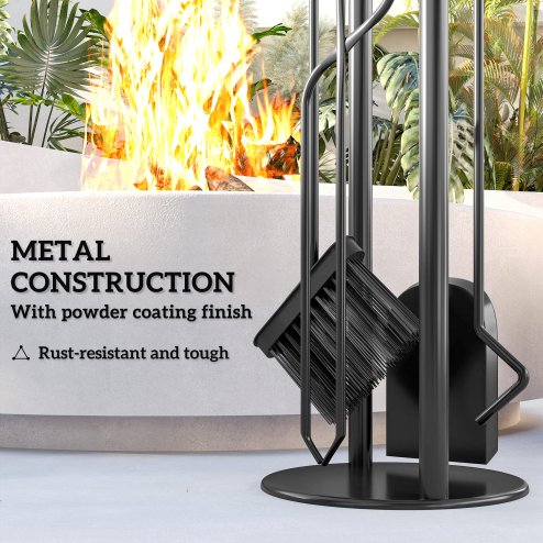 Outsunny 5 Pieces Fireplace Tools Set, Metal Fireplace Accessories Fireside Companion Set with Broom, Shovel, Poker and Bucket, Silver