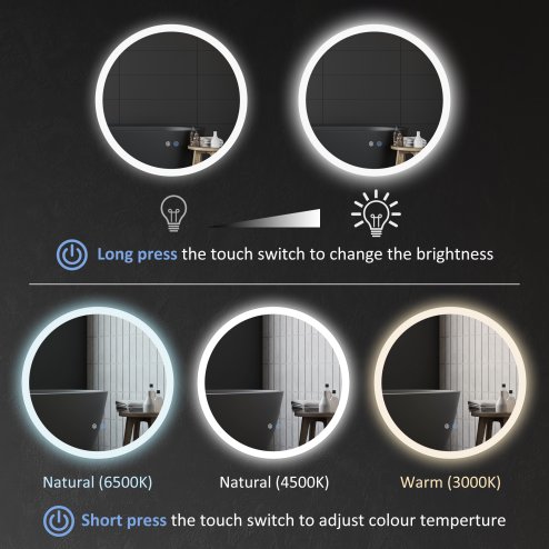 kleankin Round Bathroom Mirror with LED Lights, Wall-Mounted Dimmable Makeup Mirror with 3 Temperature Colours, Defogging Film, Memory Function, Hardwired, 60 x 60cm