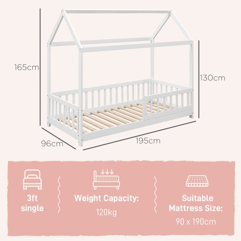HOMCOM House-Shaped Kids Bed Frame, Solid Pine Wood Single Bed Frame with Safety Fence for Kids Boys and Girls, White