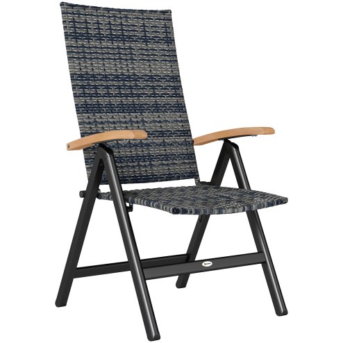 Outsunny Outdoor Folding Dining Chair, PE Rattan Chair with Armrests, High Backrest, for Garden, Camping, Balcony, Porch, Mixed-grey