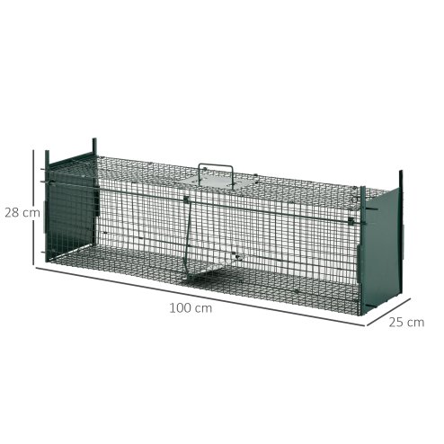 PawHut Two-Door Live Trap for Small Animals, Outdoor and Indoor Animal Trap for Rat, Mice, 100 x 25 x 28cm - Dark Green