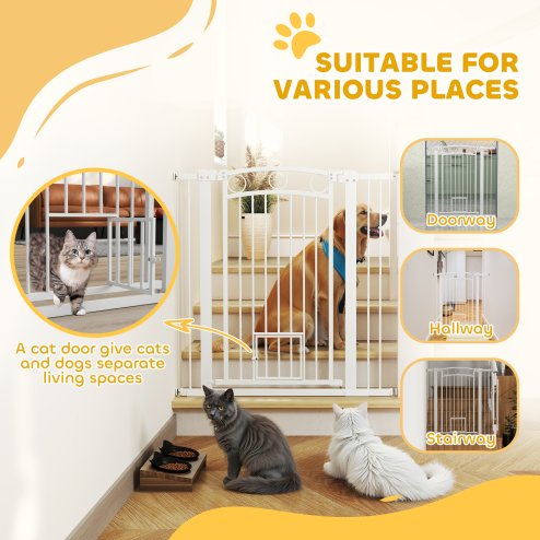 PawHut Dog Stair Gate 106cm Extra Tall Height, 76-104cm Adjustable Width Pressure Fit Safety Gate With Cat Door, 7cm and 14cm Extensions for Stairs, Doorways, Easy Installation, White
