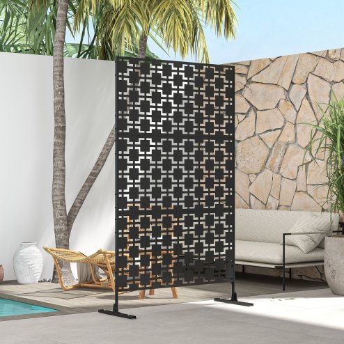 Outsunny Decorative Garden Privacy Screen with Stand, 6.5FT Freestanding Metal Outdoor Divider, Decorative Privacy Panel with Expansion Screws for Garden Pool Hot Tub, Grid Style, Black