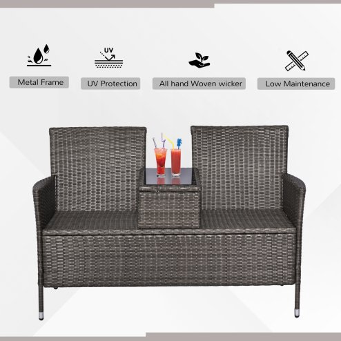 Outsunny 2 Seater Rattan Campanion Chair Wicker Loveseat Outdoor Patio Armchair with Drink Table Garden Furniture - Grey