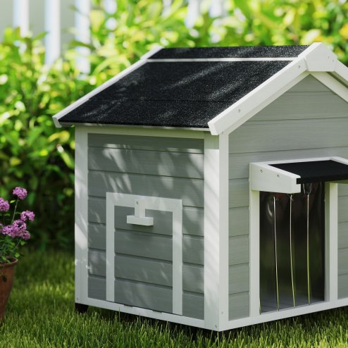 PawHut Dog House Wooden Dog Kennel Outdoor with Openable Asphalt Roof, Removable Floor, Door Curtain, Elevated Feet, for Medium Breeds, Light Grey
